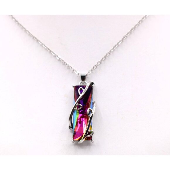 Mystic Quartz Crystal Tree of Life Pendant Necklace Silver Tone Aurora Borealis - Picture 1 of 11